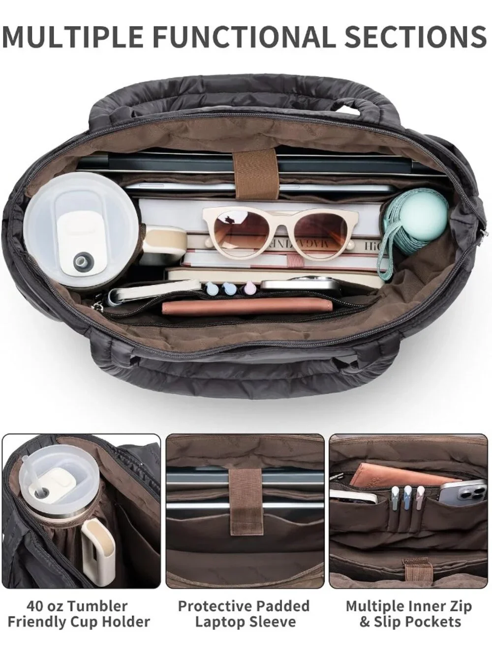 👜Women's Charcoal Gray Puffer Tote Bag 16 Pocket Work Gym Travel Laptop Handbag